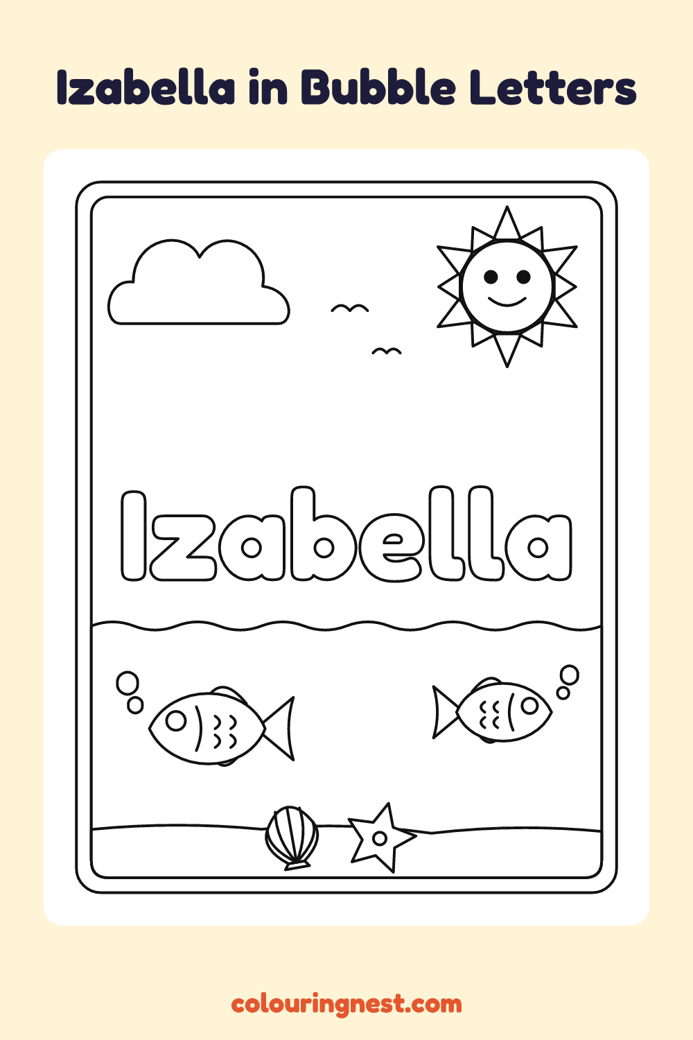 Izabella in Bubble Letters coloring page: free printable black-and-white line art