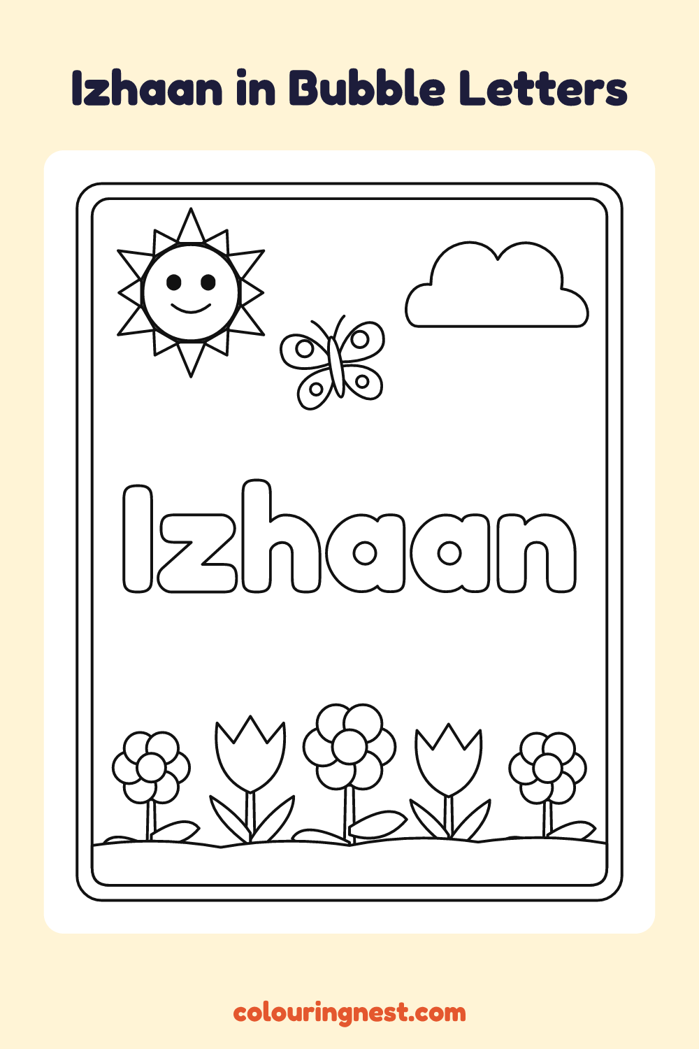 Izhaan in Bubble Letters coloring page: free printable black-and-white line art