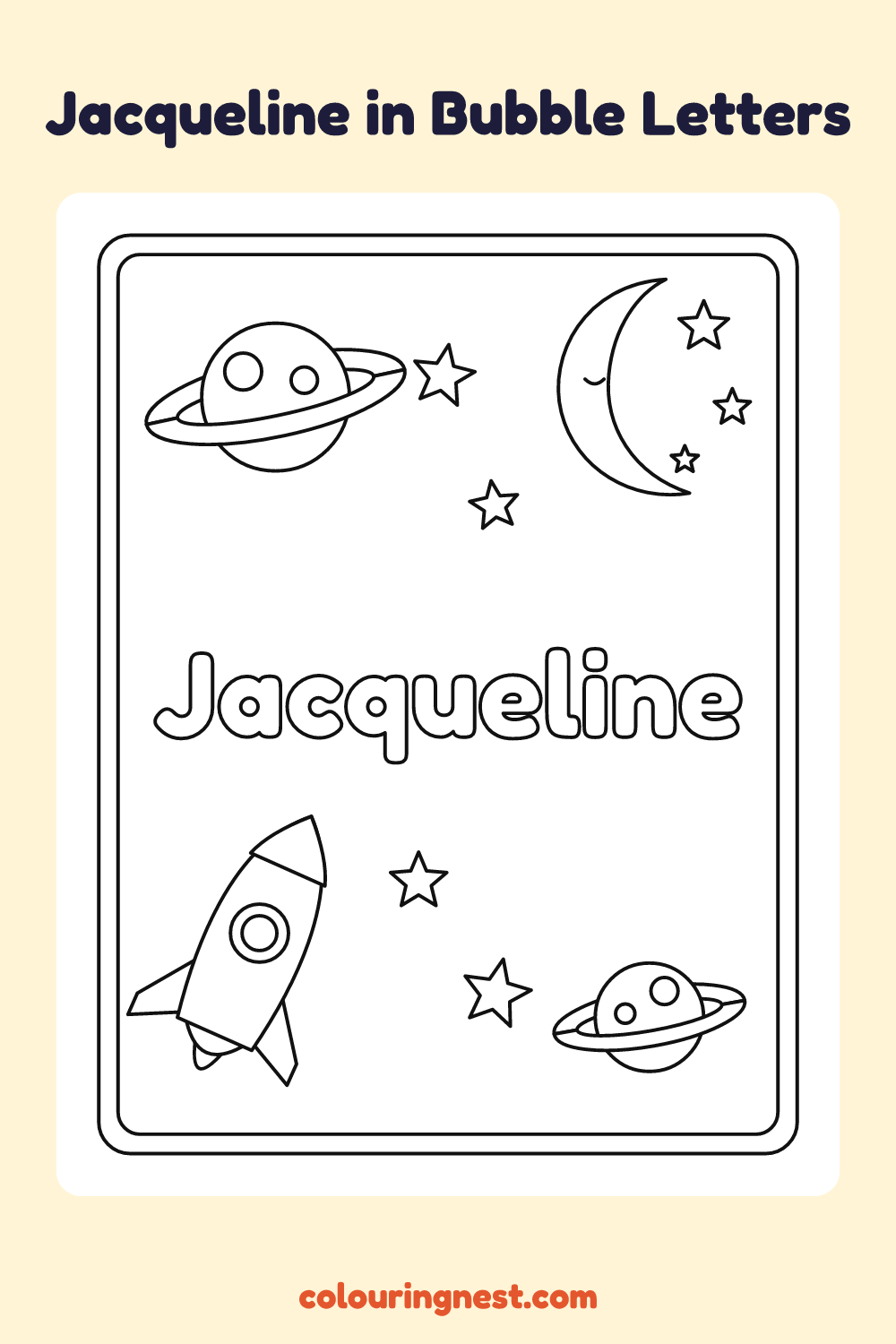 Jacqueline in Bubble Letters coloring page: free printable black-and-white line art