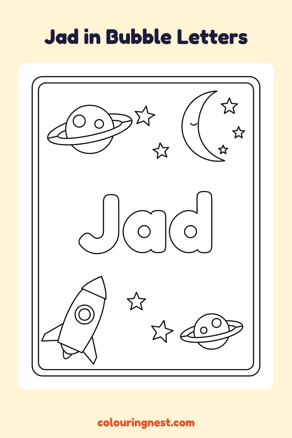 Jad in Bubble Letters coloring page: free printable black-and-white line art