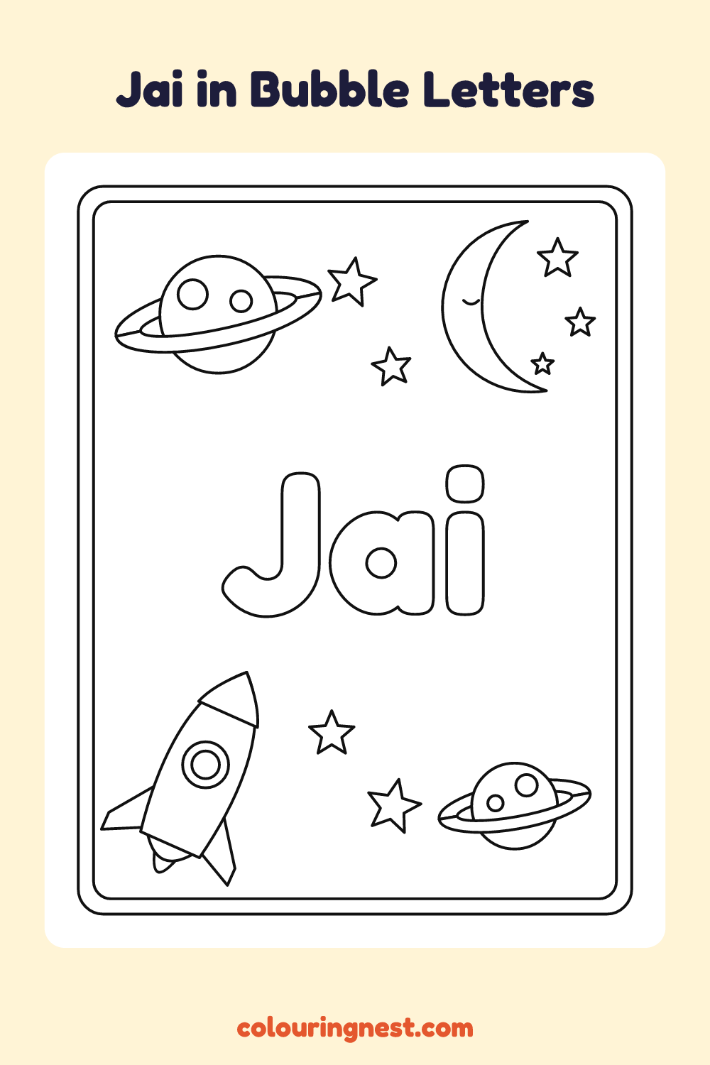 Jai in Bubble Letters coloring page: free printable black-and-white line art