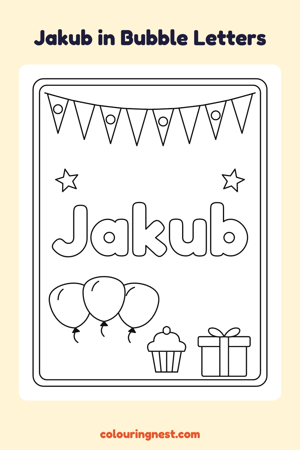 Jakub in Bubble Letters coloring page: free printable black-and-white line art