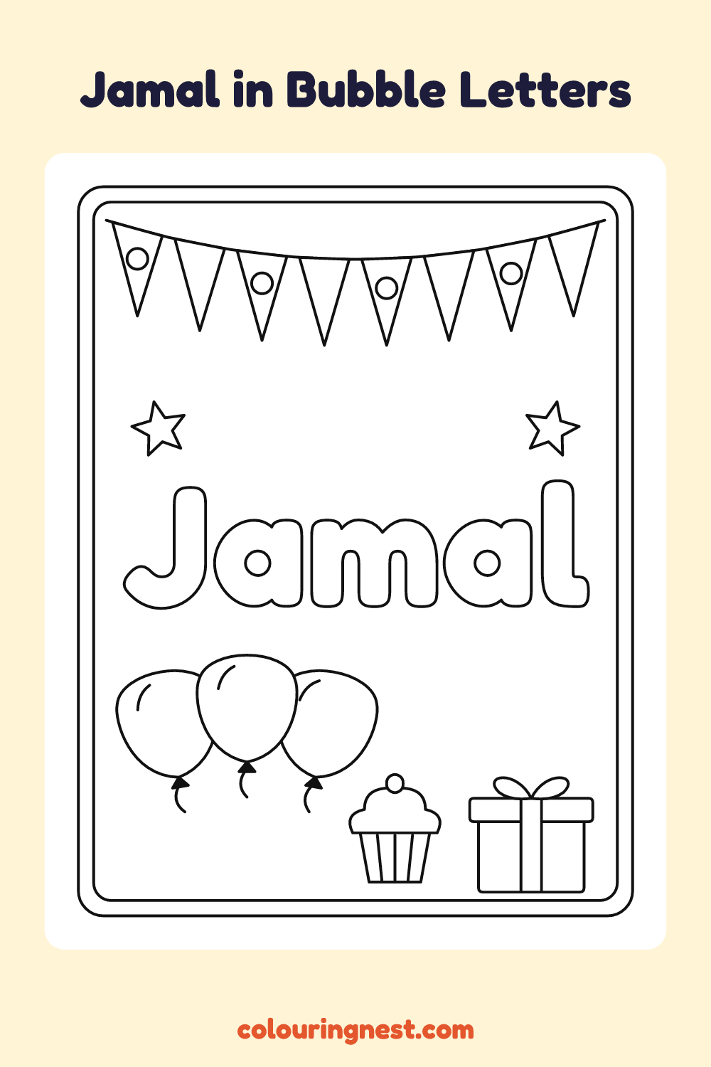 Jamal in Bubble Letters coloring page: free printable black-and-white line art