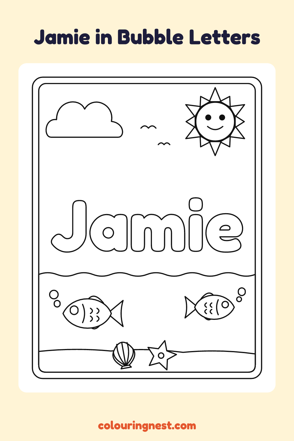 Jamie in Bubble Letters coloring page: free printable black-and-white line art