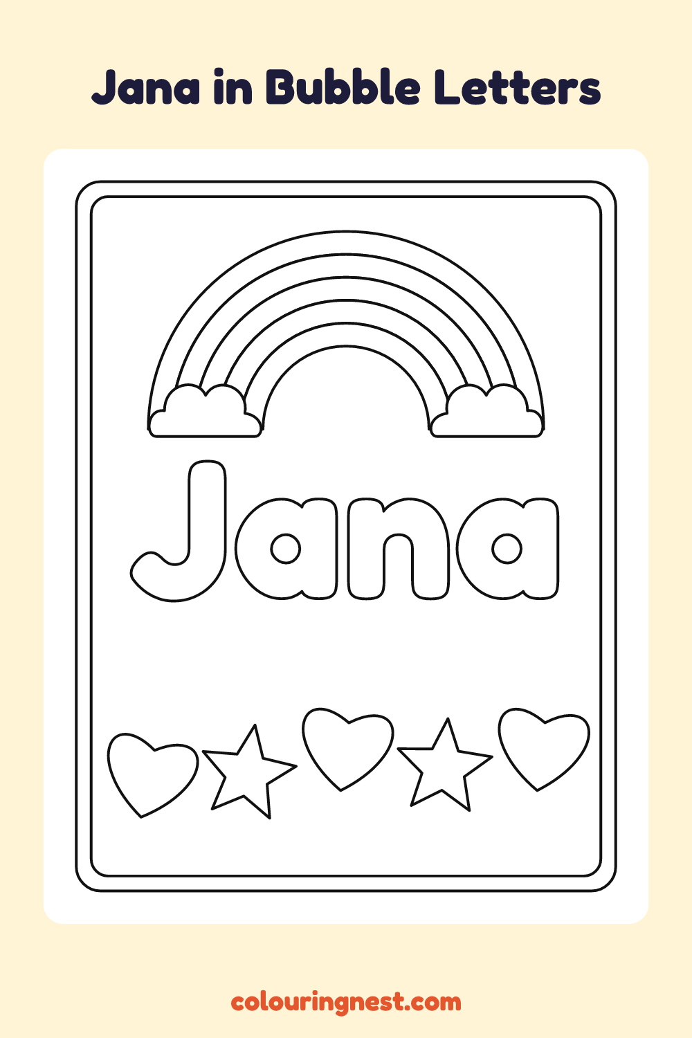 Jana in Bubble Letters coloring page: free printable black-and-white line art