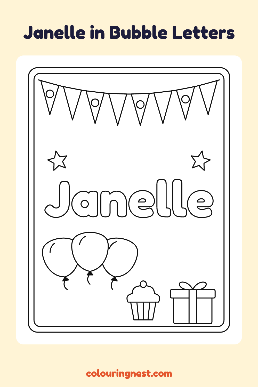 Janelle in Bubble Letters coloring page: free printable black-and-white line art