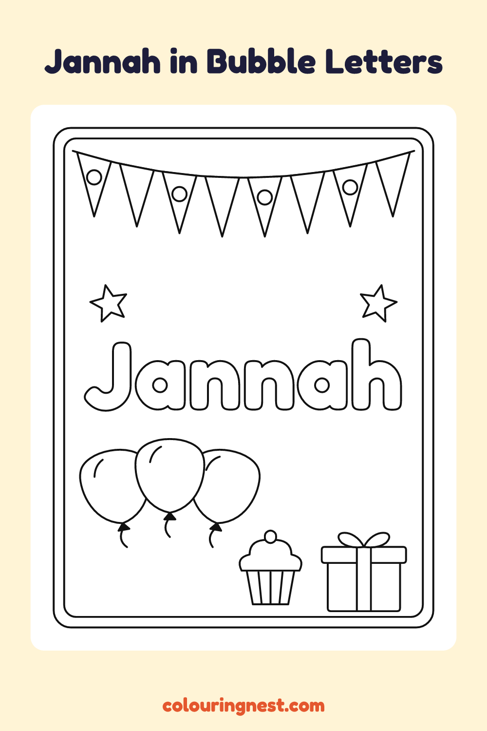 Jannah in Bubble Letters coloring page: free printable black-and-white line art