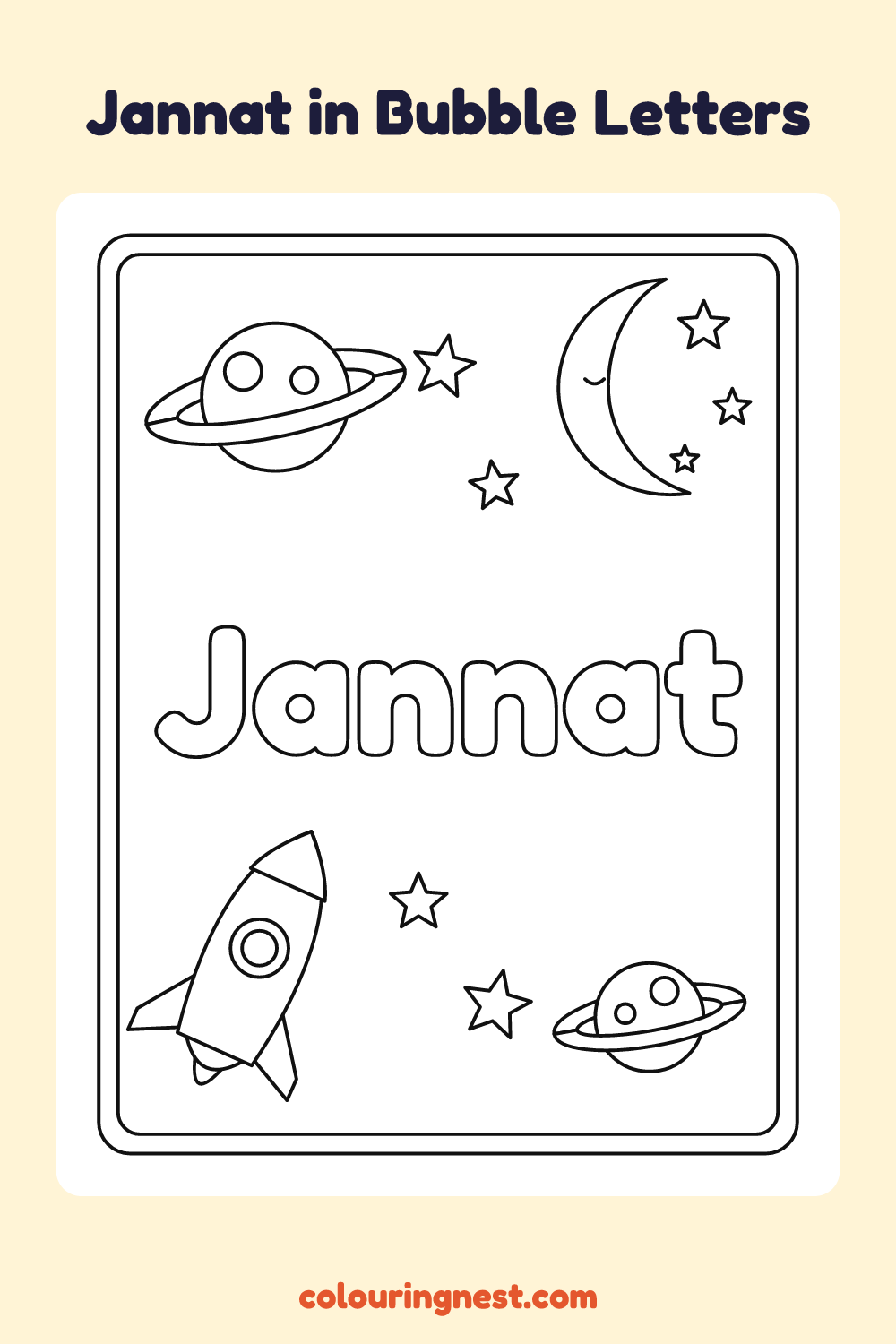 Jannat in Bubble Letters coloring page: free printable black-and-white line art
