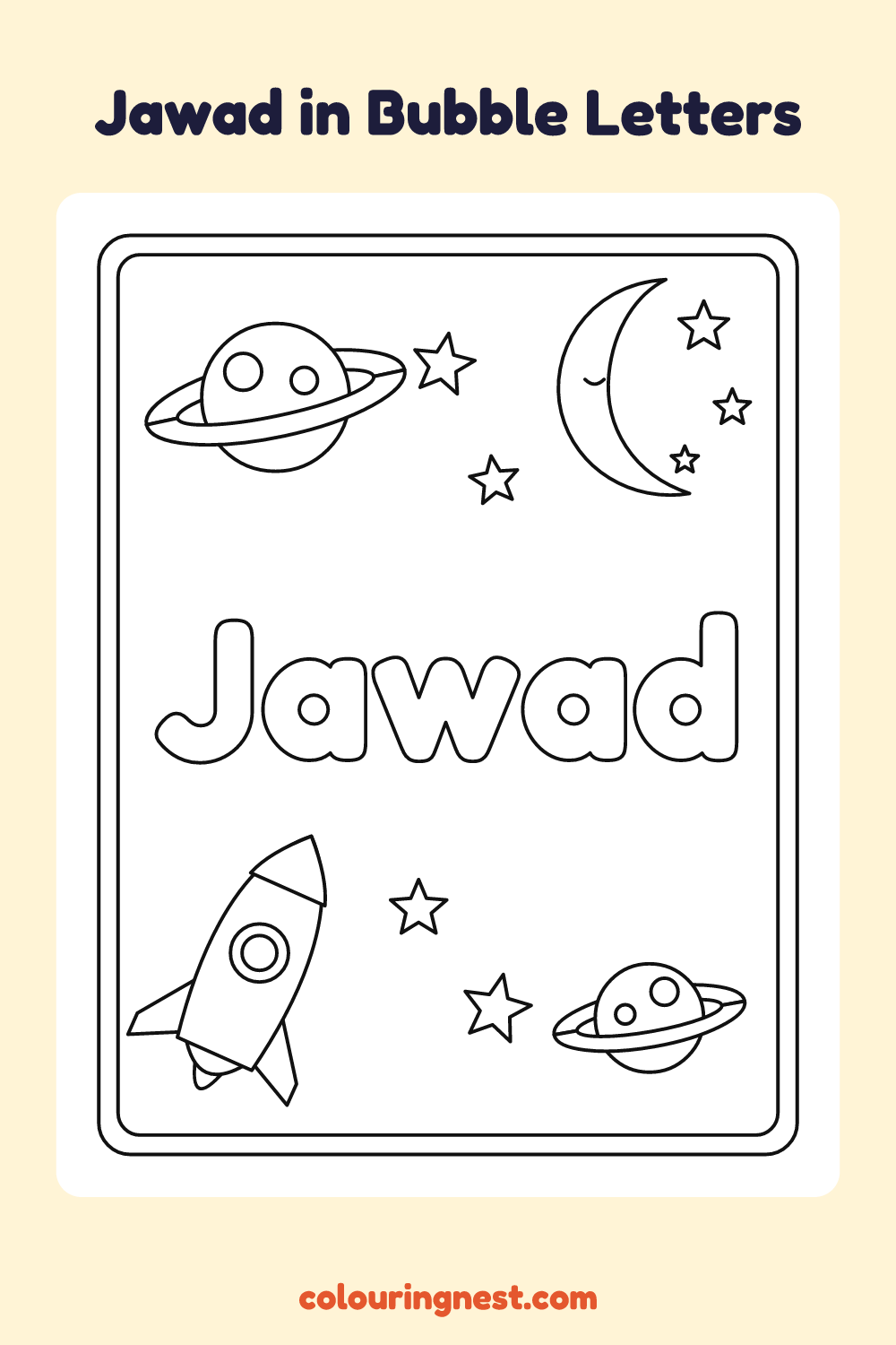 Jawad in Bubble Letters coloring page: free printable black-and-white line art