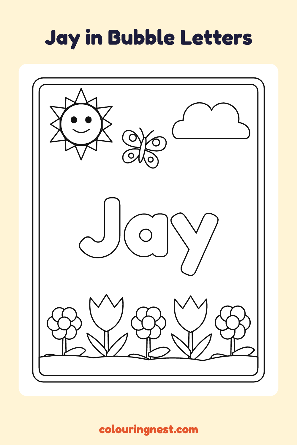 Jay in Bubble Letters coloring page: free printable black-and-white line art