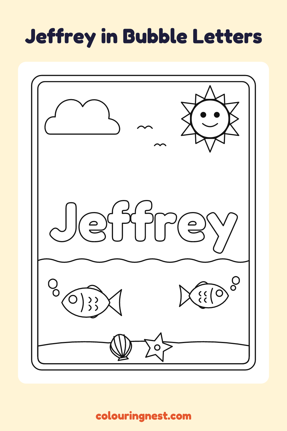 Jeffrey in Bubble Letters coloring page: free printable black-and-white line art