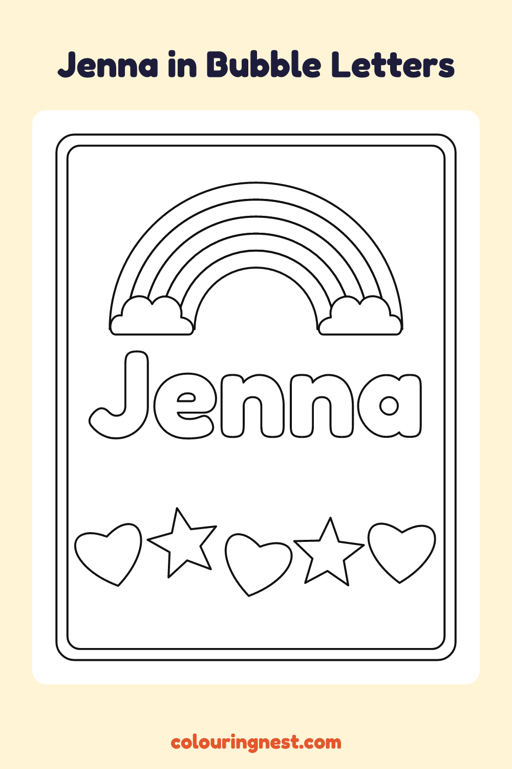 Jenna in Bubble Letters coloring page: free printable black-and-white line art