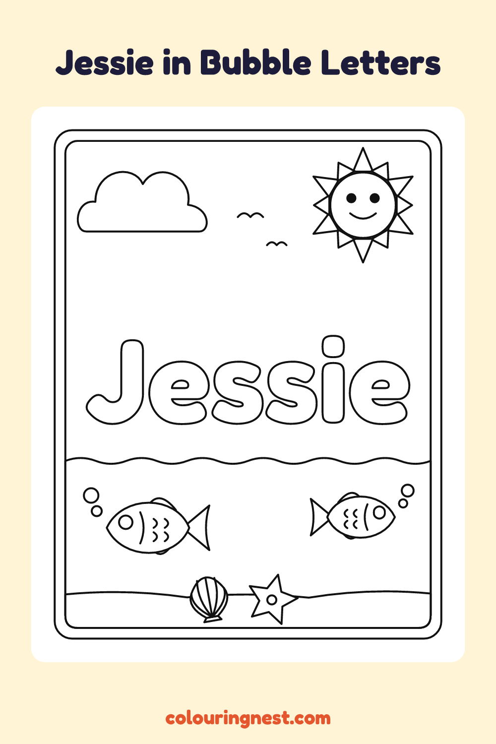 Jessie in Bubble Letters coloring page: free printable black-and-white line art