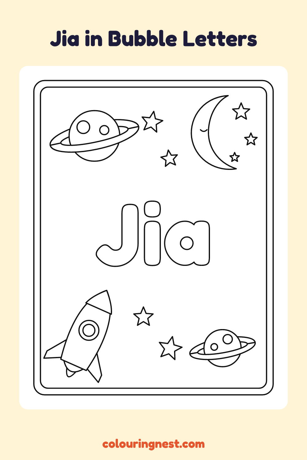 Jia in Bubble Letters coloring page: free printable black-and-white line art