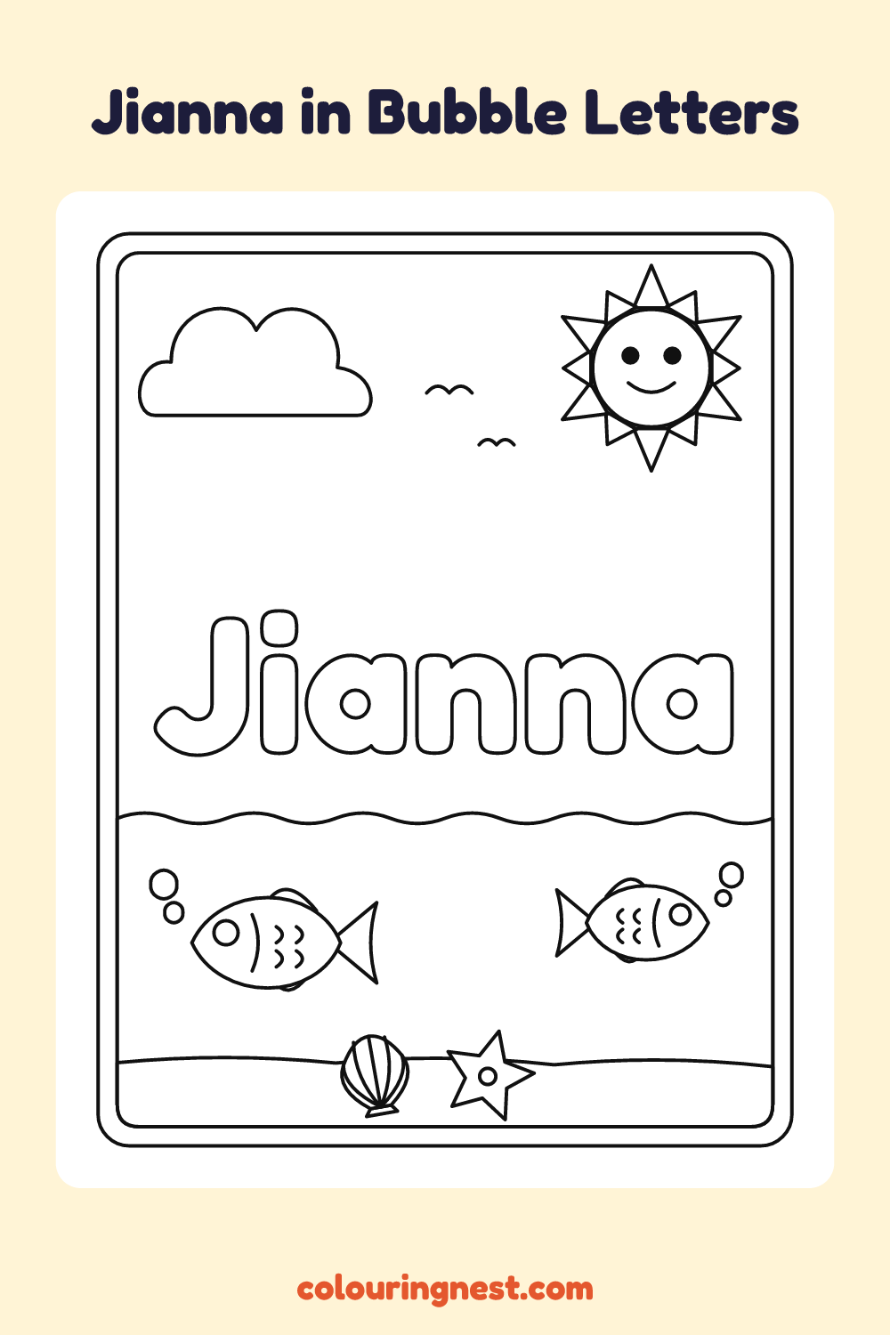 Jianna in Bubble Letters coloring page: free printable black-and-white line art