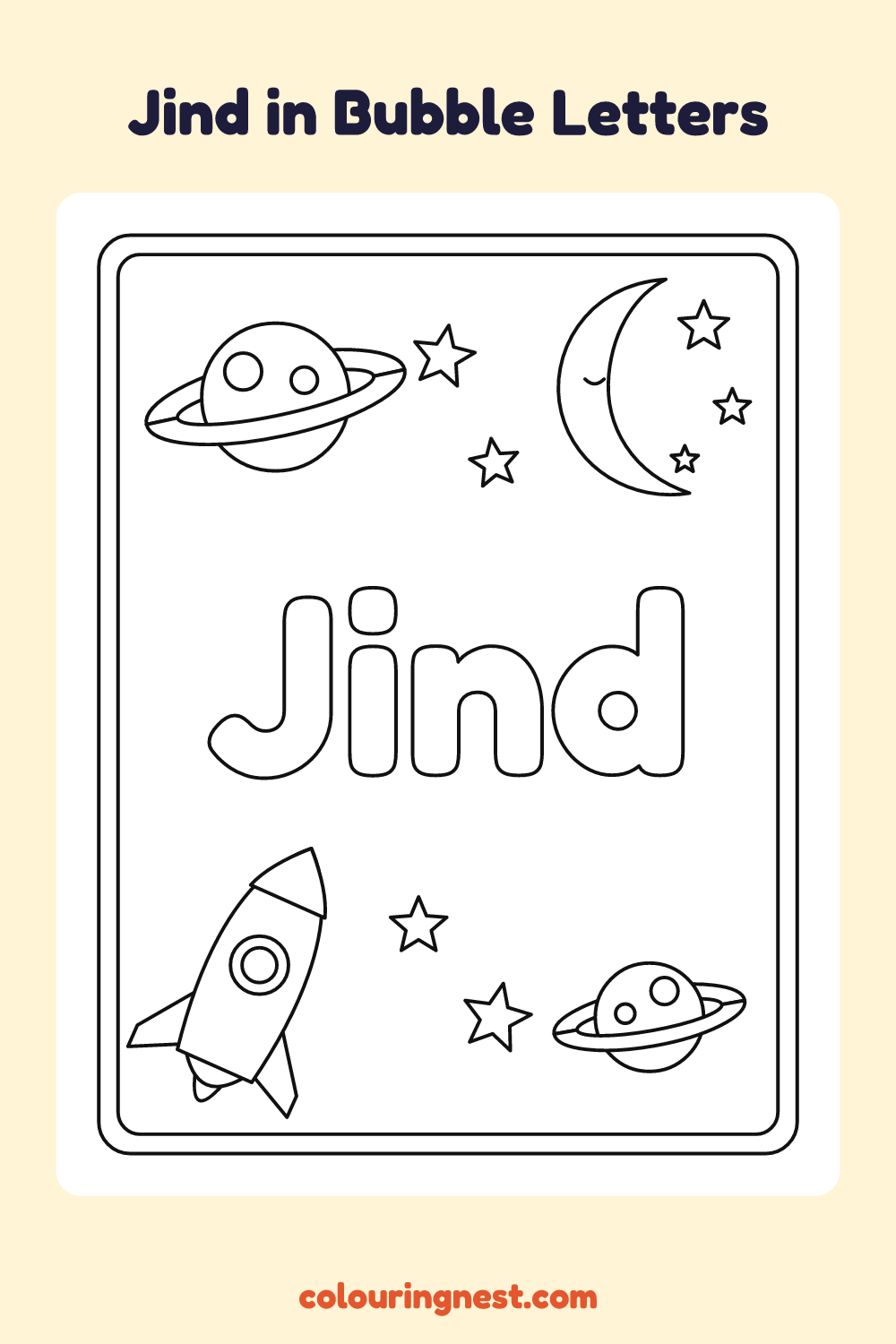 Jind in Bubble Letters coloring page: free printable black-and-white line art