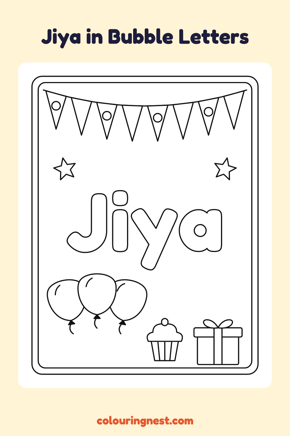 Jiya in Bubble Letters coloring page: free printable black-and-white line art