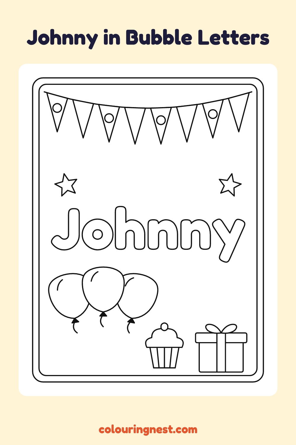 Johnny in Bubble Letters coloring page: free printable black-and-white line art
