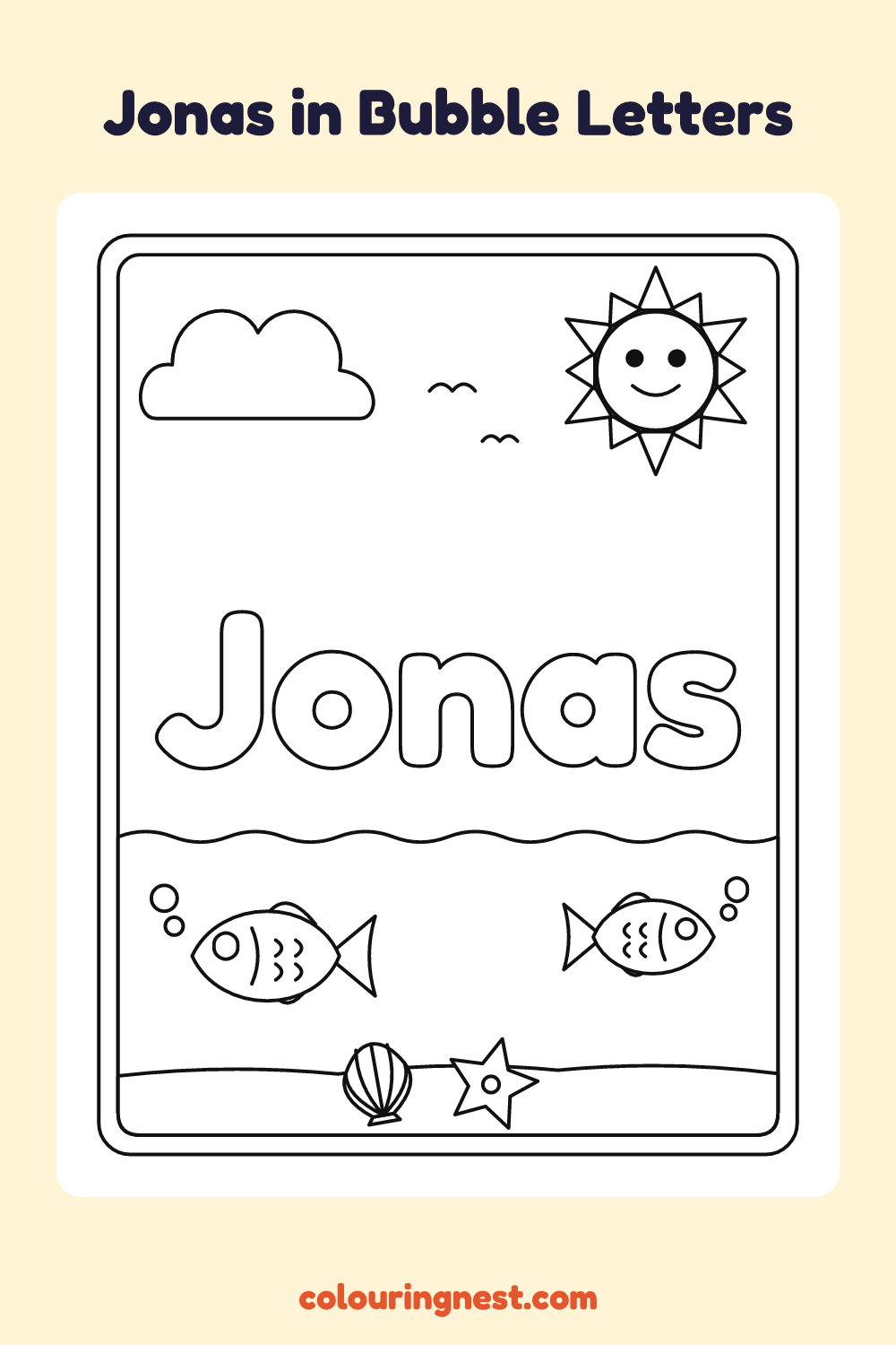 Jonas in Bubble Letters coloring page: free printable black-and-white line art