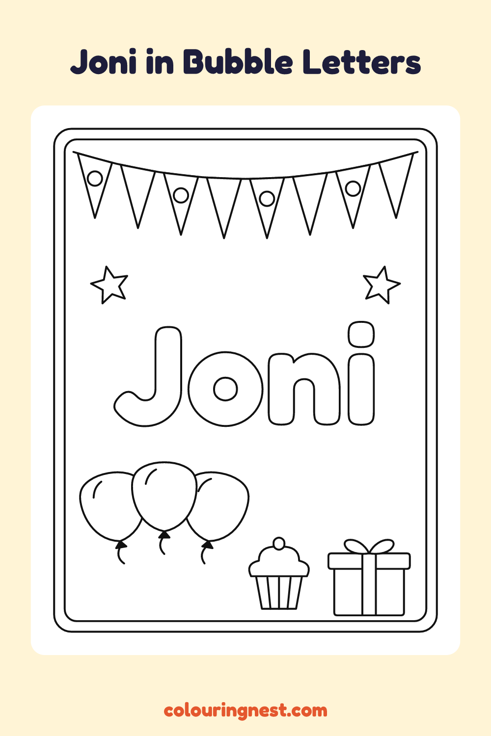 Joni in Bubble Letters coloring page: free printable black-and-white line art