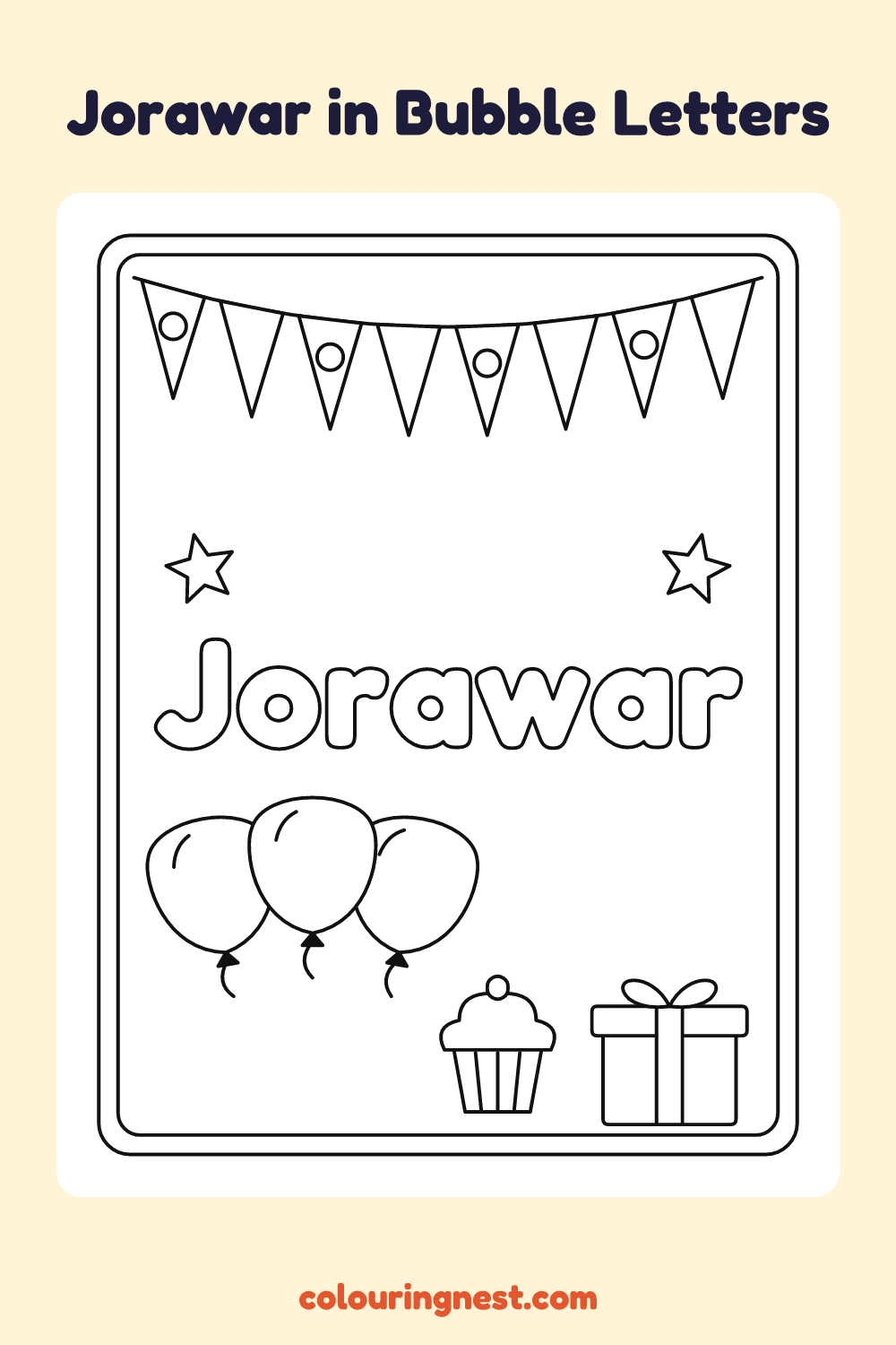 Jorawar in Bubble Letters coloring page: free printable black-and-white line art