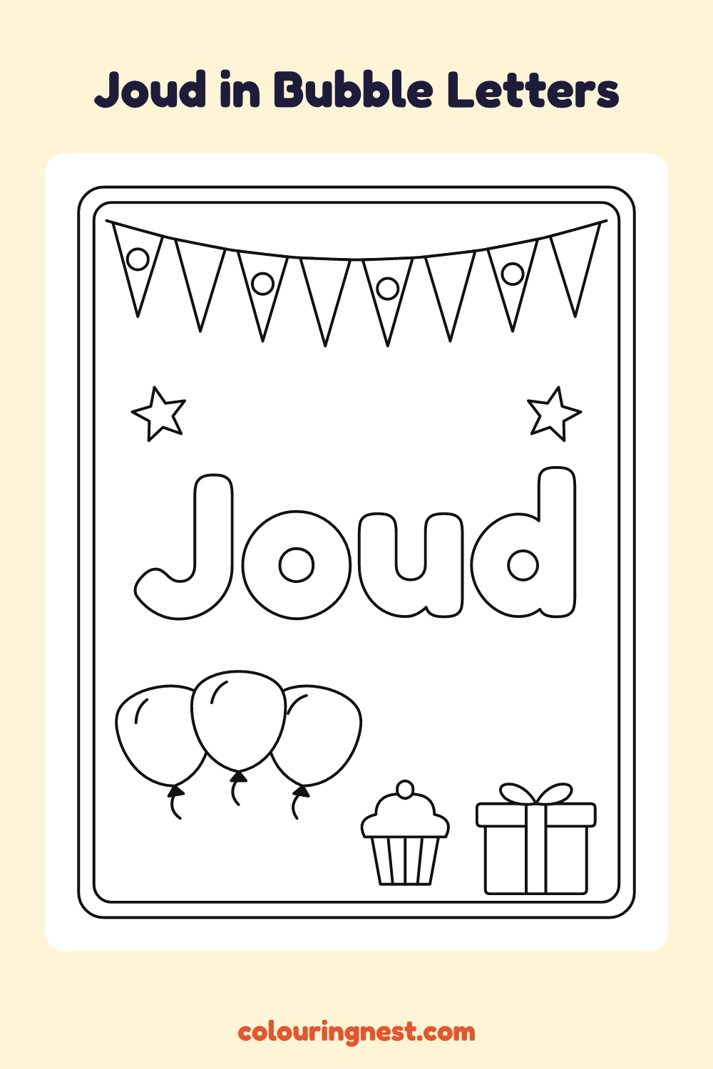 Joud in Bubble Letters coloring page: free printable black-and-white line art