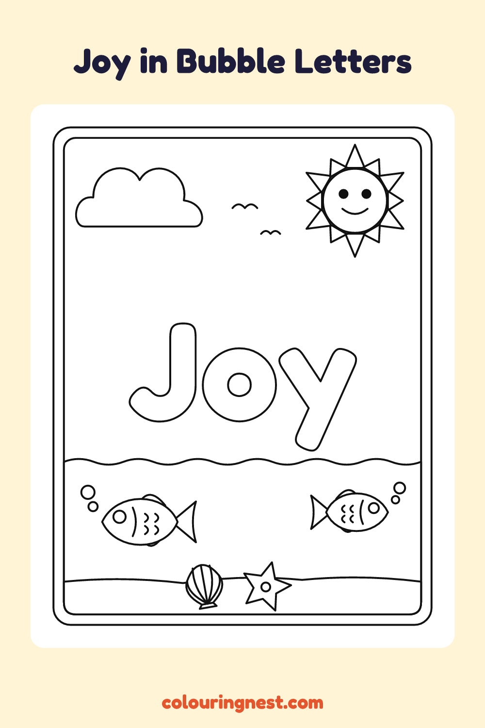 Joy in Bubble Letters coloring page: free printable black-and-white line art