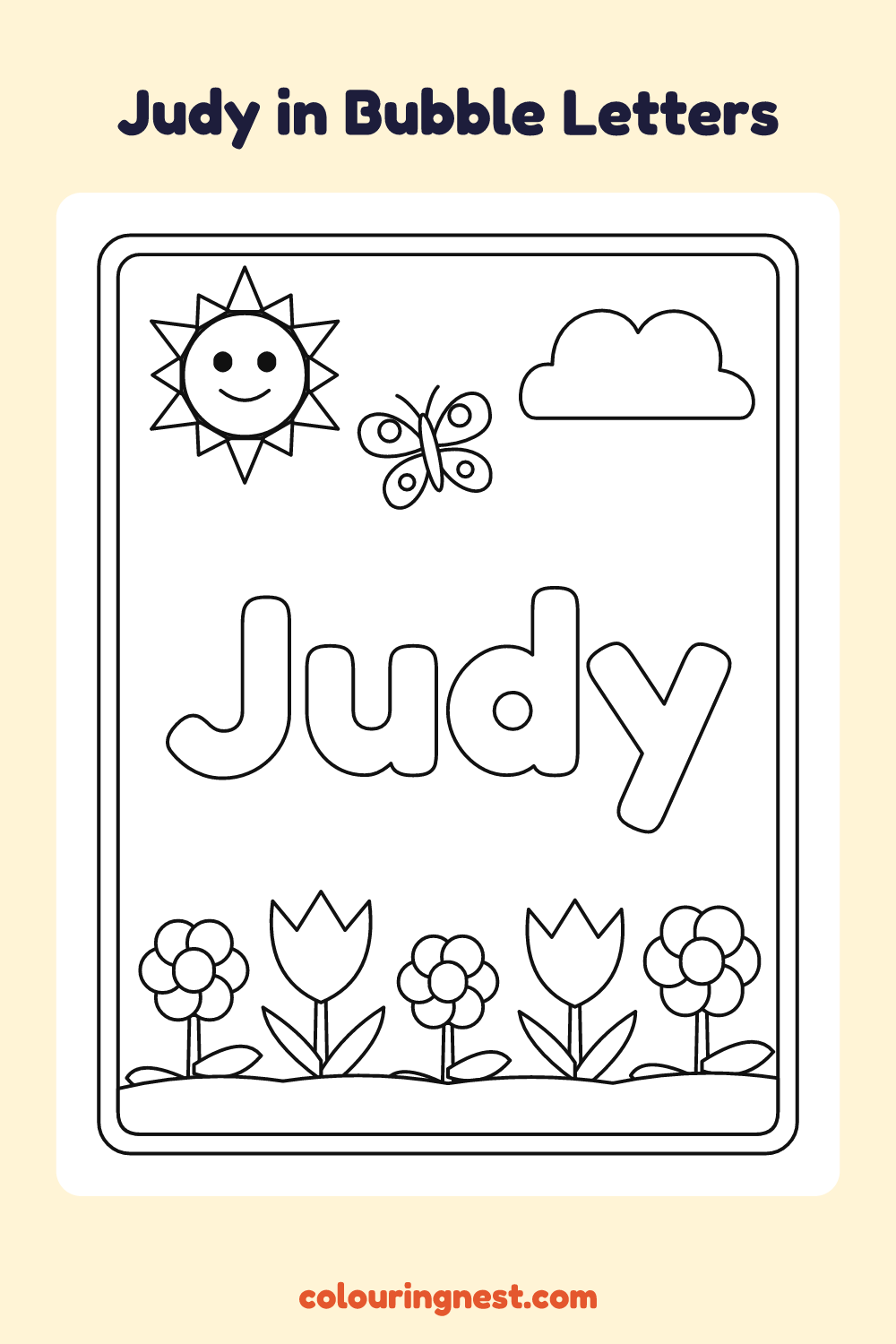 Judy in Bubble Letters coloring page: free printable black-and-white line art