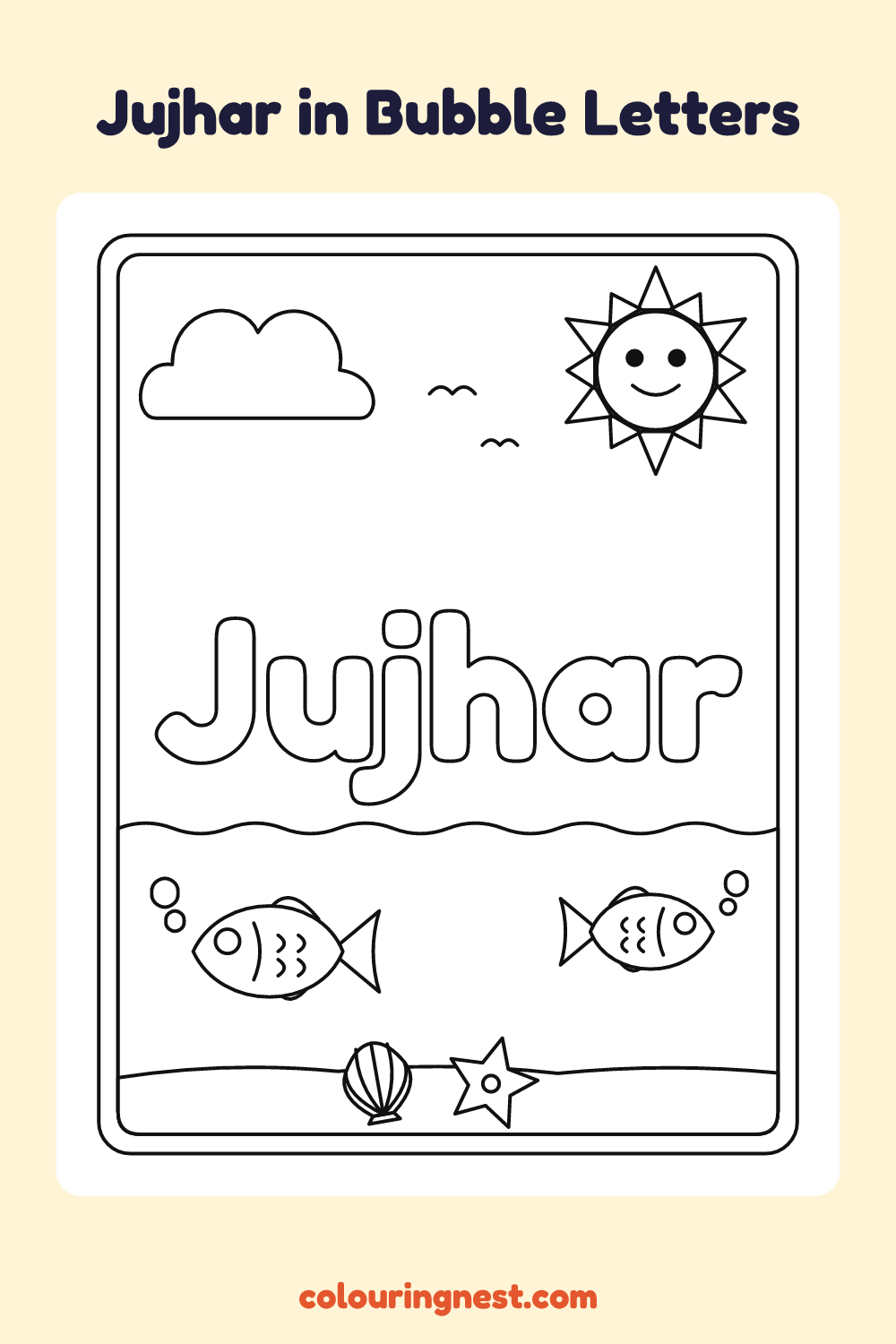 Jujhar in Bubble Letters coloring page: free printable black-and-white line art