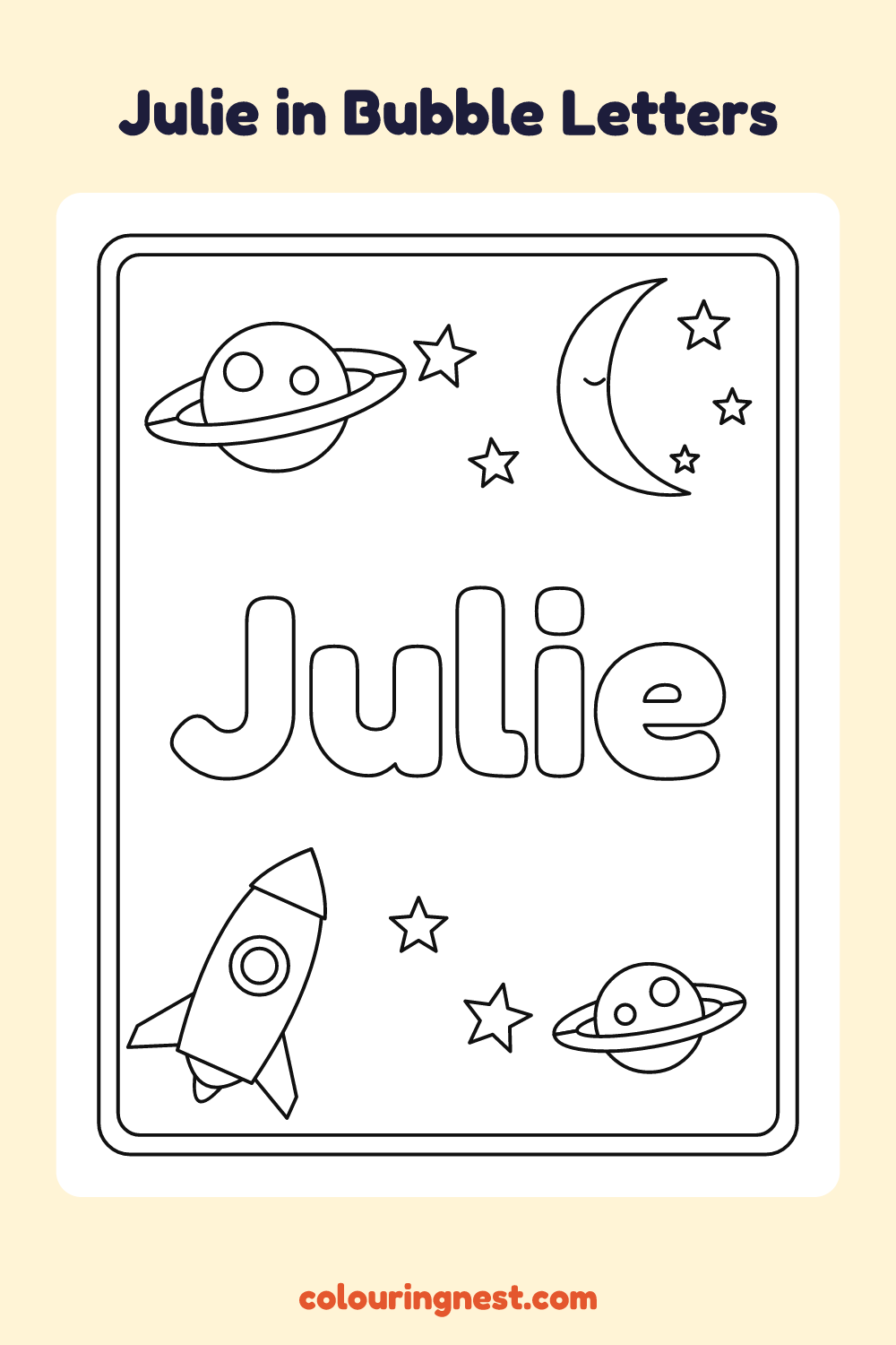 Julie in Bubble Letters coloring page: free printable black-and-white line art