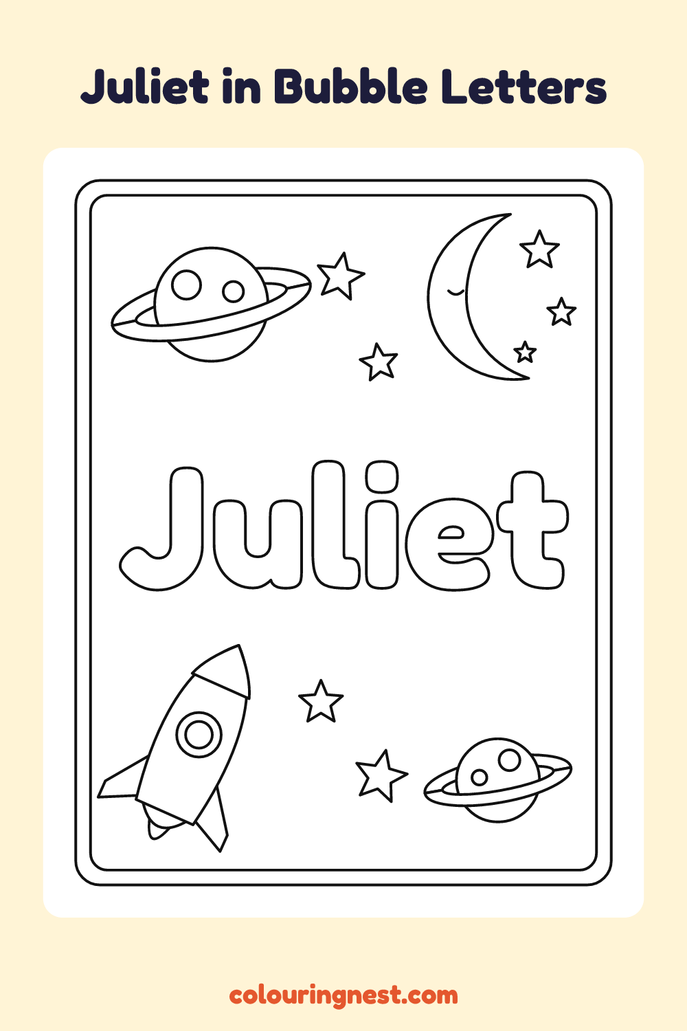 Juliet in Bubble Letters coloring page: free printable black-and-white line art