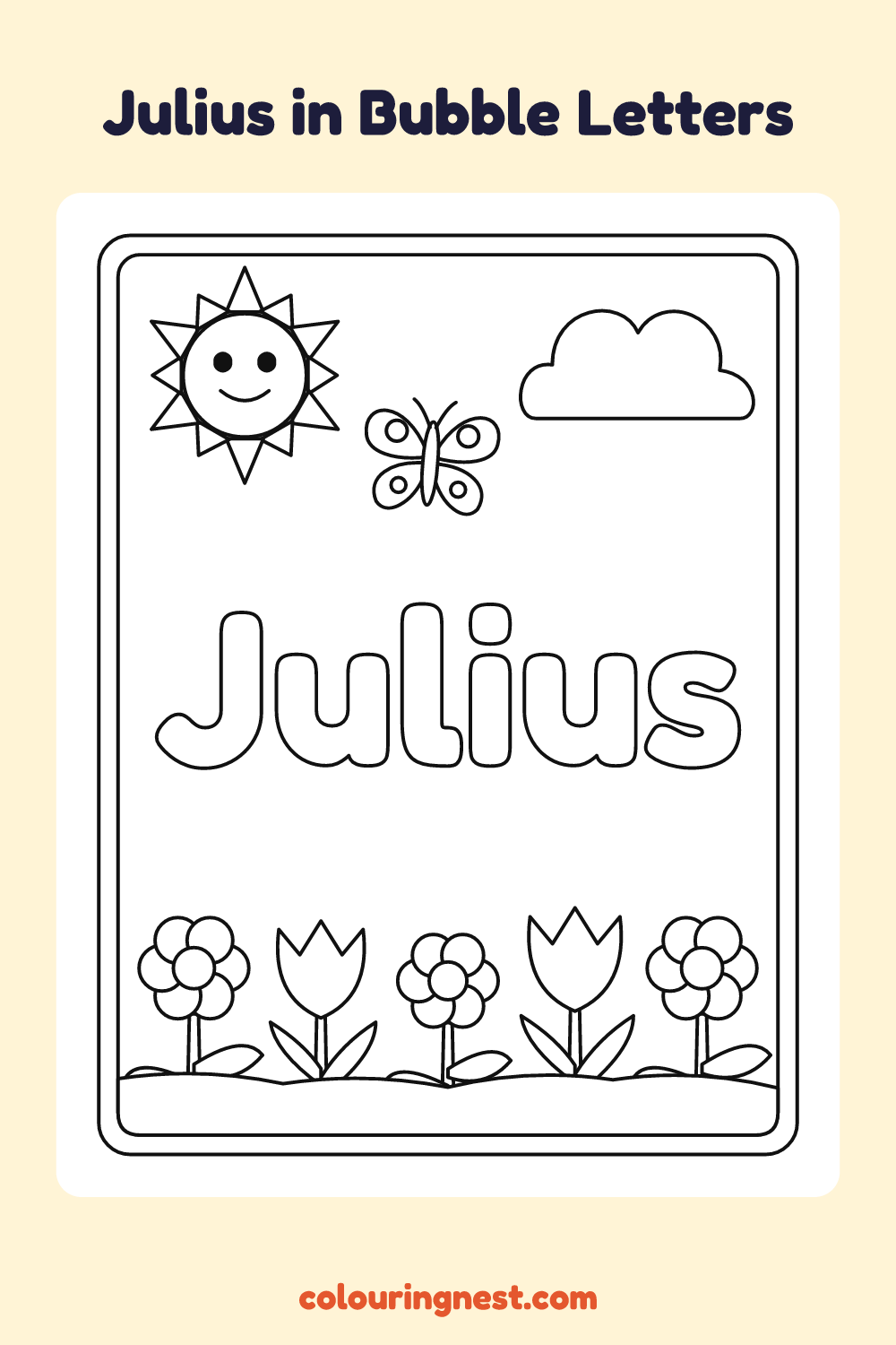 Julius in Bubble Letters coloring page: free printable black-and-white line art