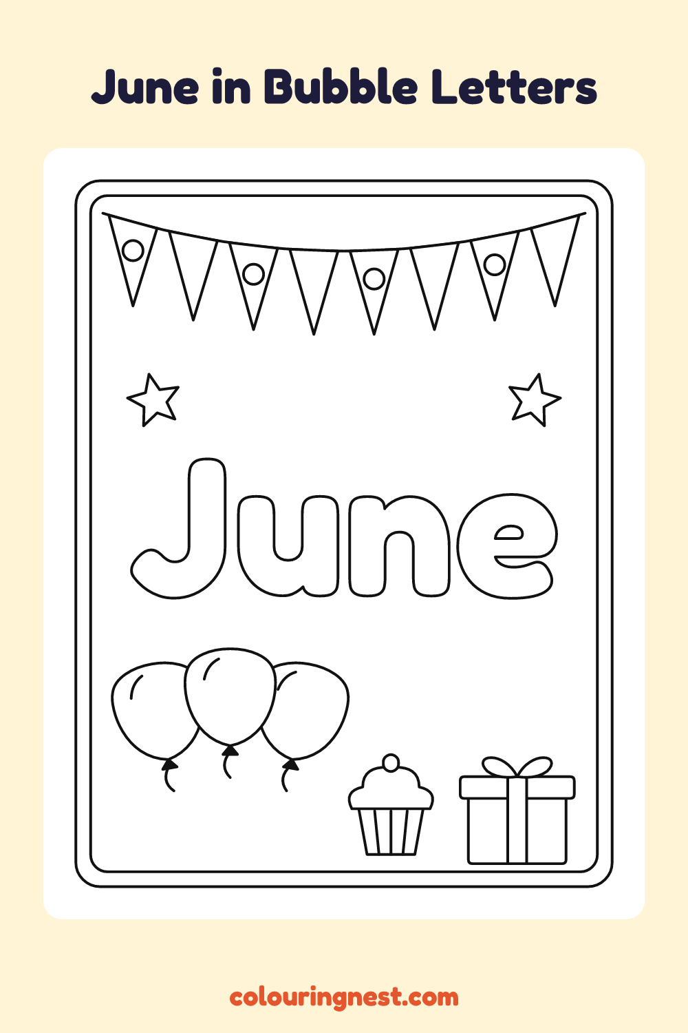 June in Bubble Letters coloring page: free printable black-and-white line art