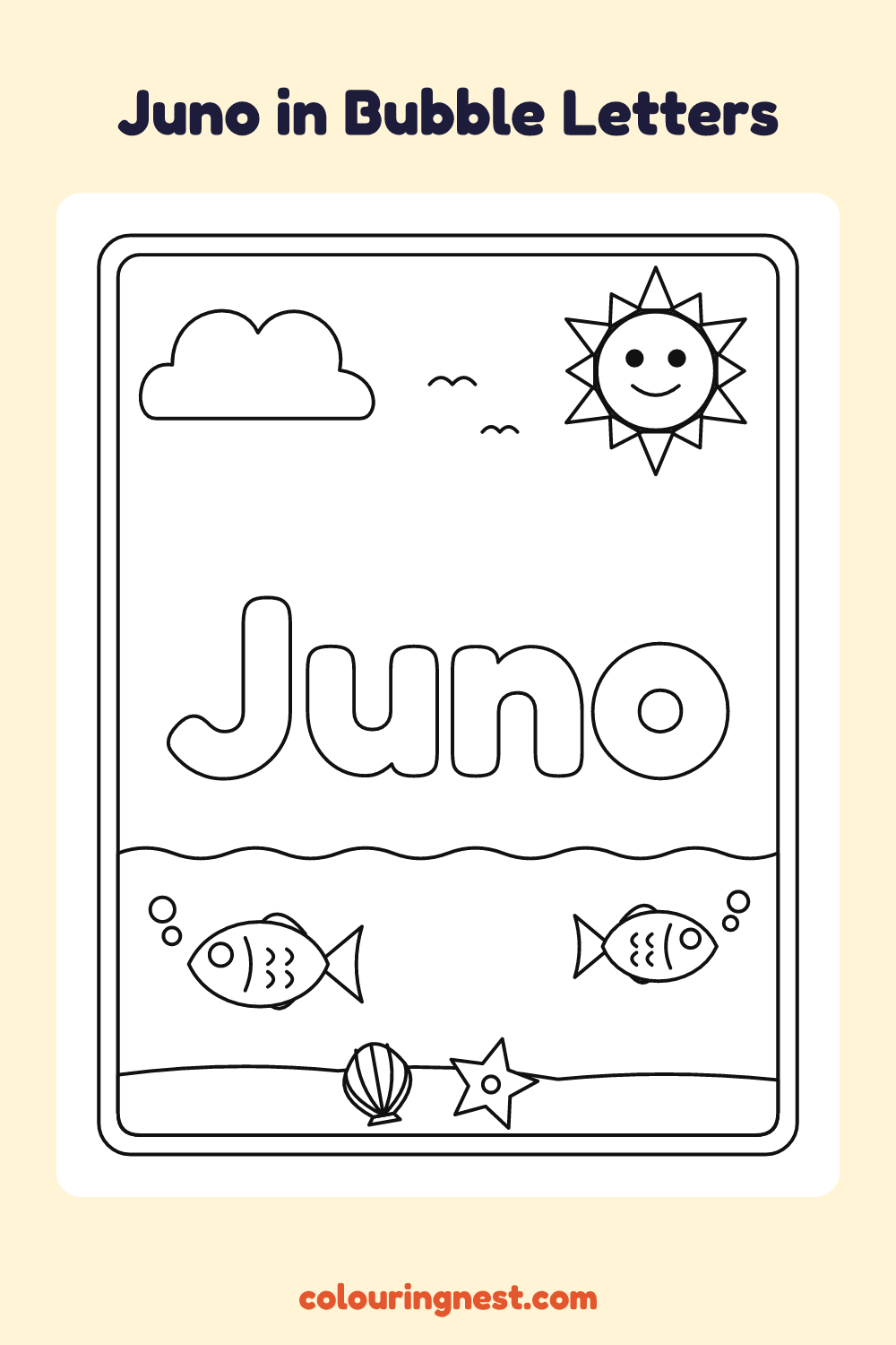 Juno in Bubble Letters coloring page: free printable black-and-white line art