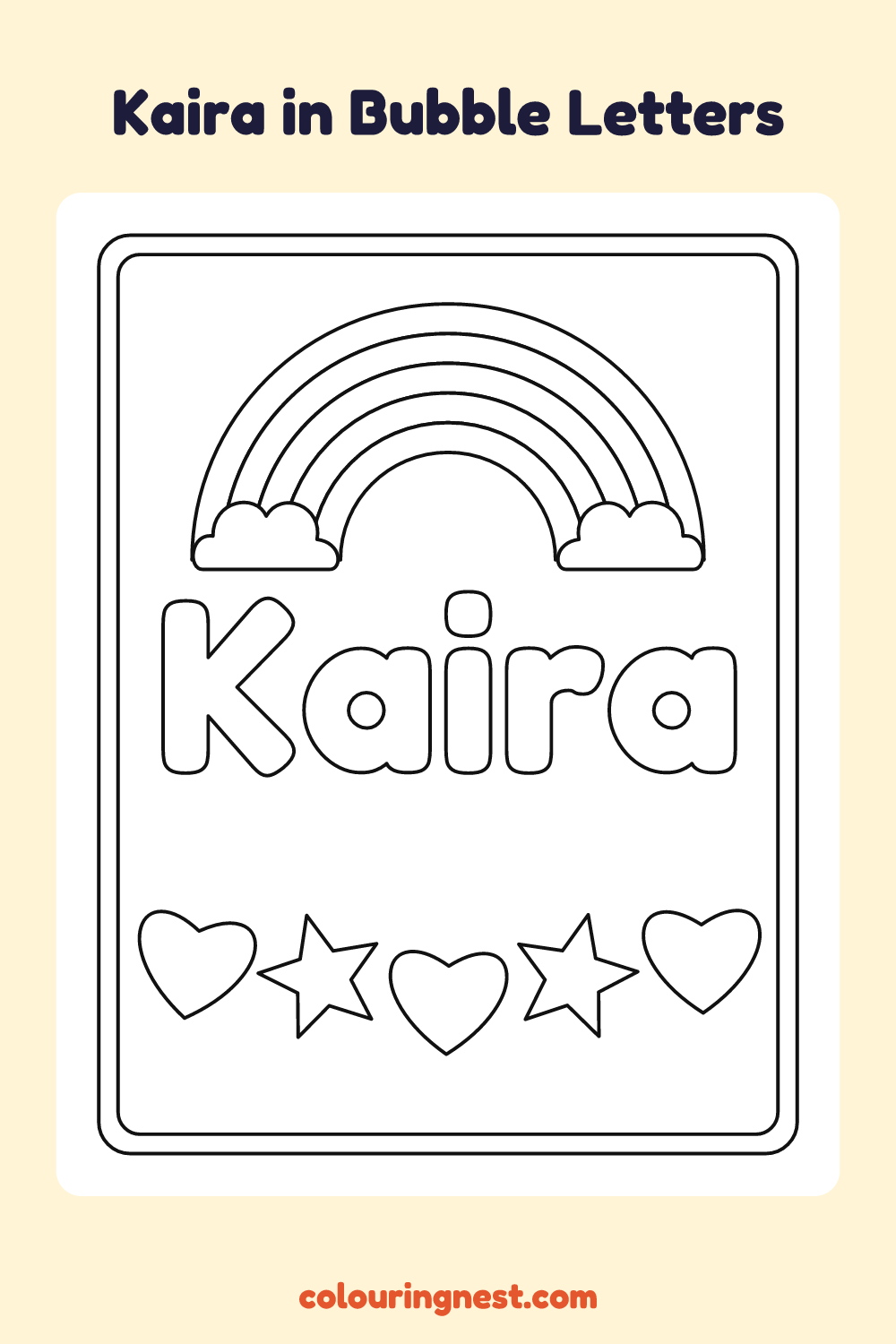 Kaira in Bubble Letters coloring page: free printable black-and-white line art
