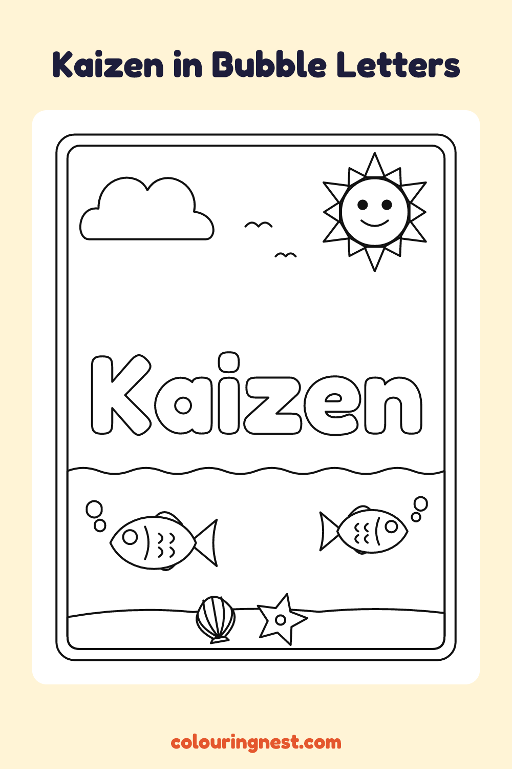 Kaizen in Bubble Letters coloring page: free printable black-and-white line art