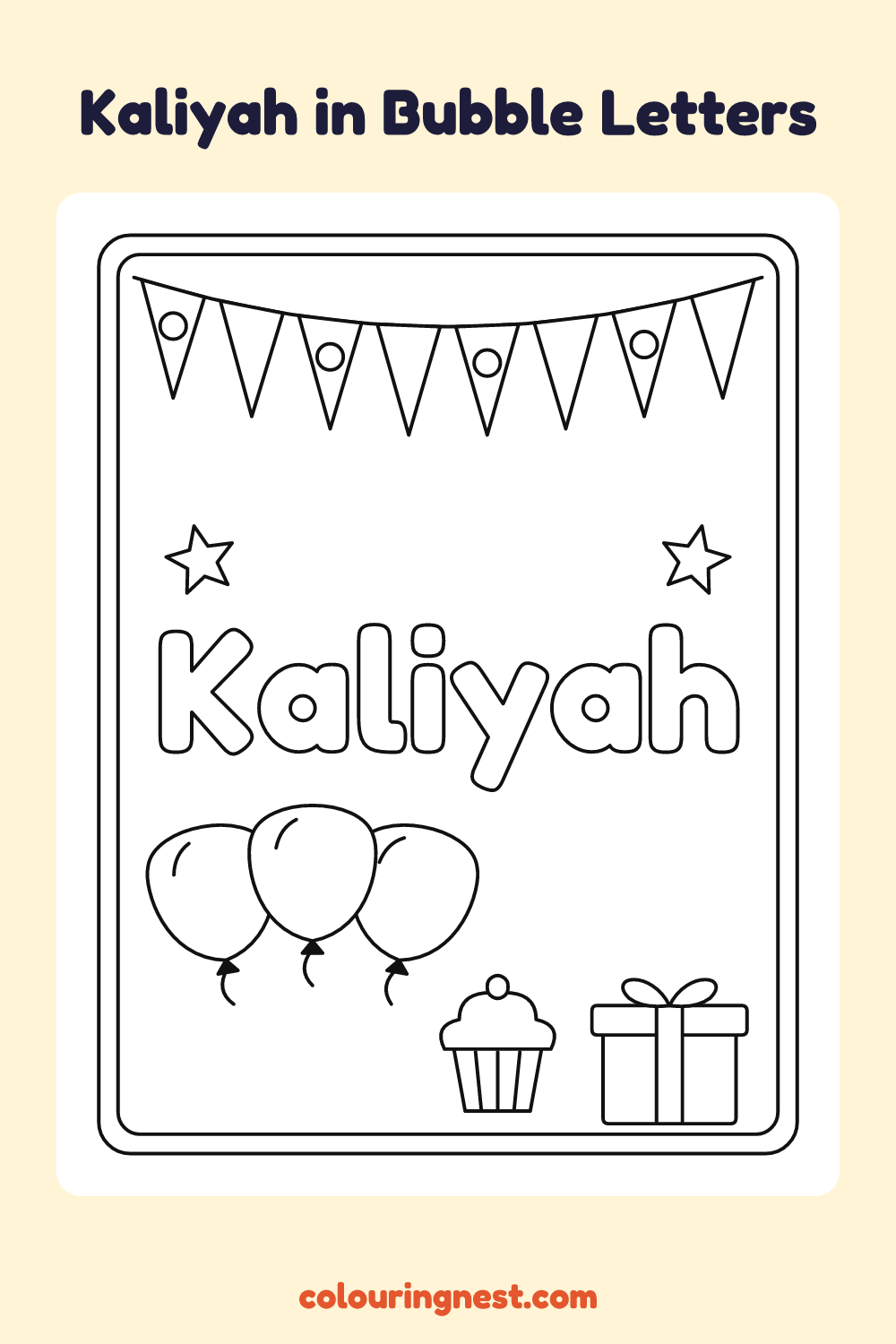 Kaliyah in Bubble Letters coloring page: free printable black-and-white line art