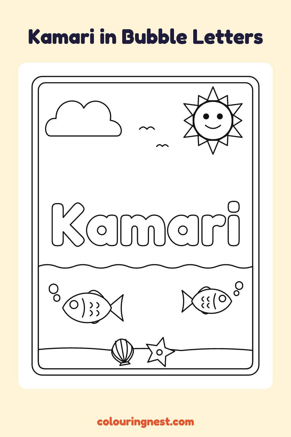Kamari in Bubble Letters coloring page: free printable black-and-white line art