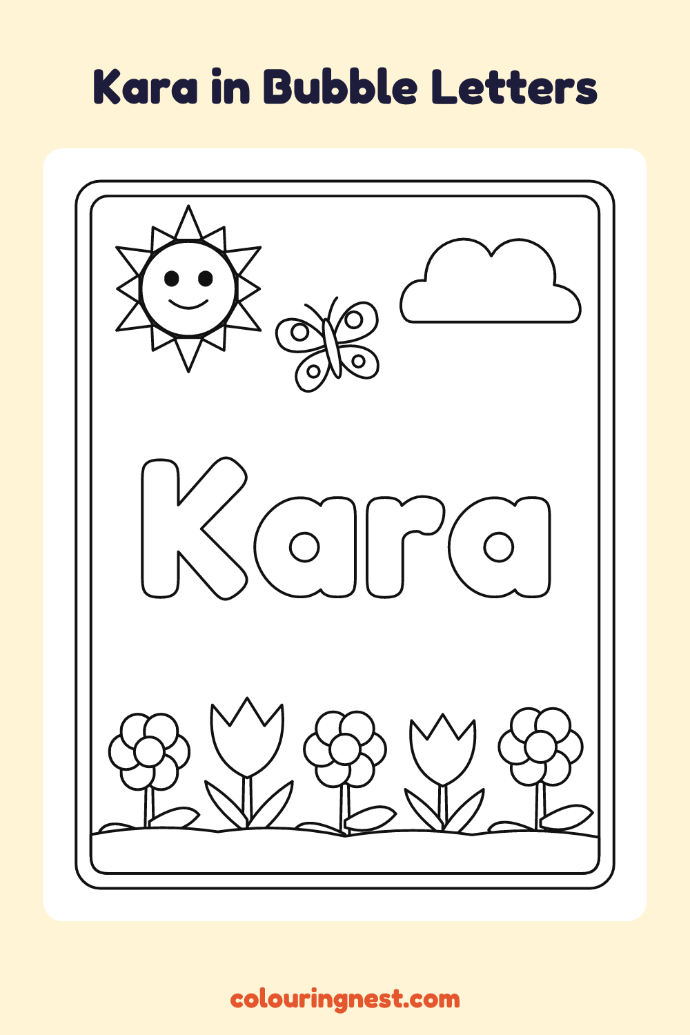 Kara in Bubble Letters coloring page: free printable black-and-white line art