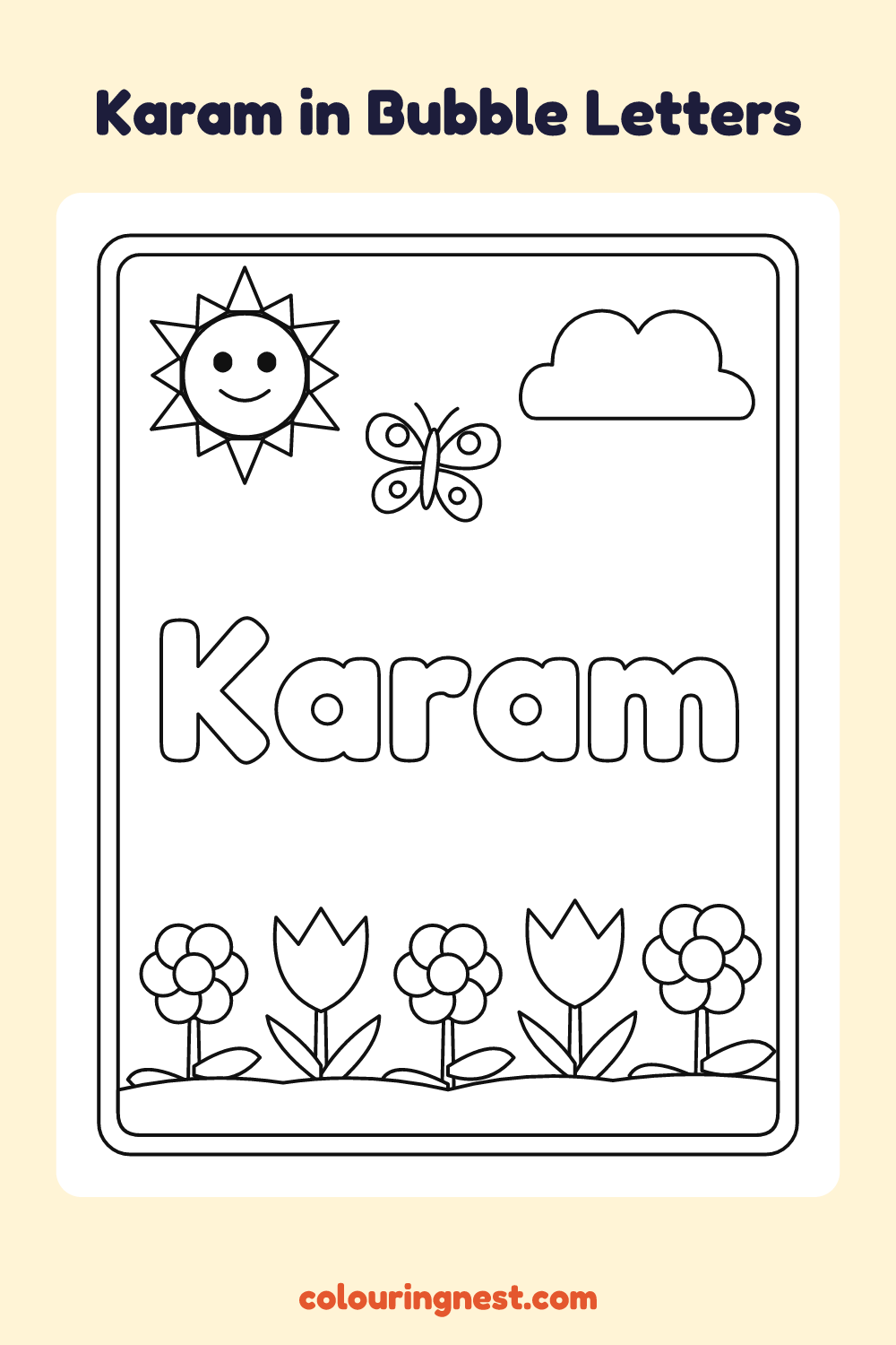 Karam in Bubble Letters coloring page: free printable black-and-white line art