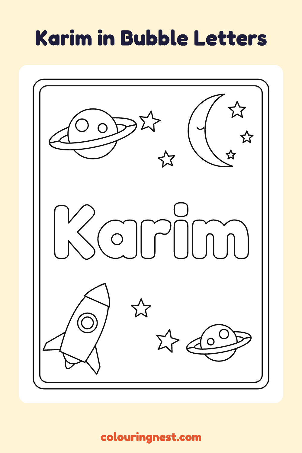 Karim in Bubble Letters coloring page: free printable black-and-white line art