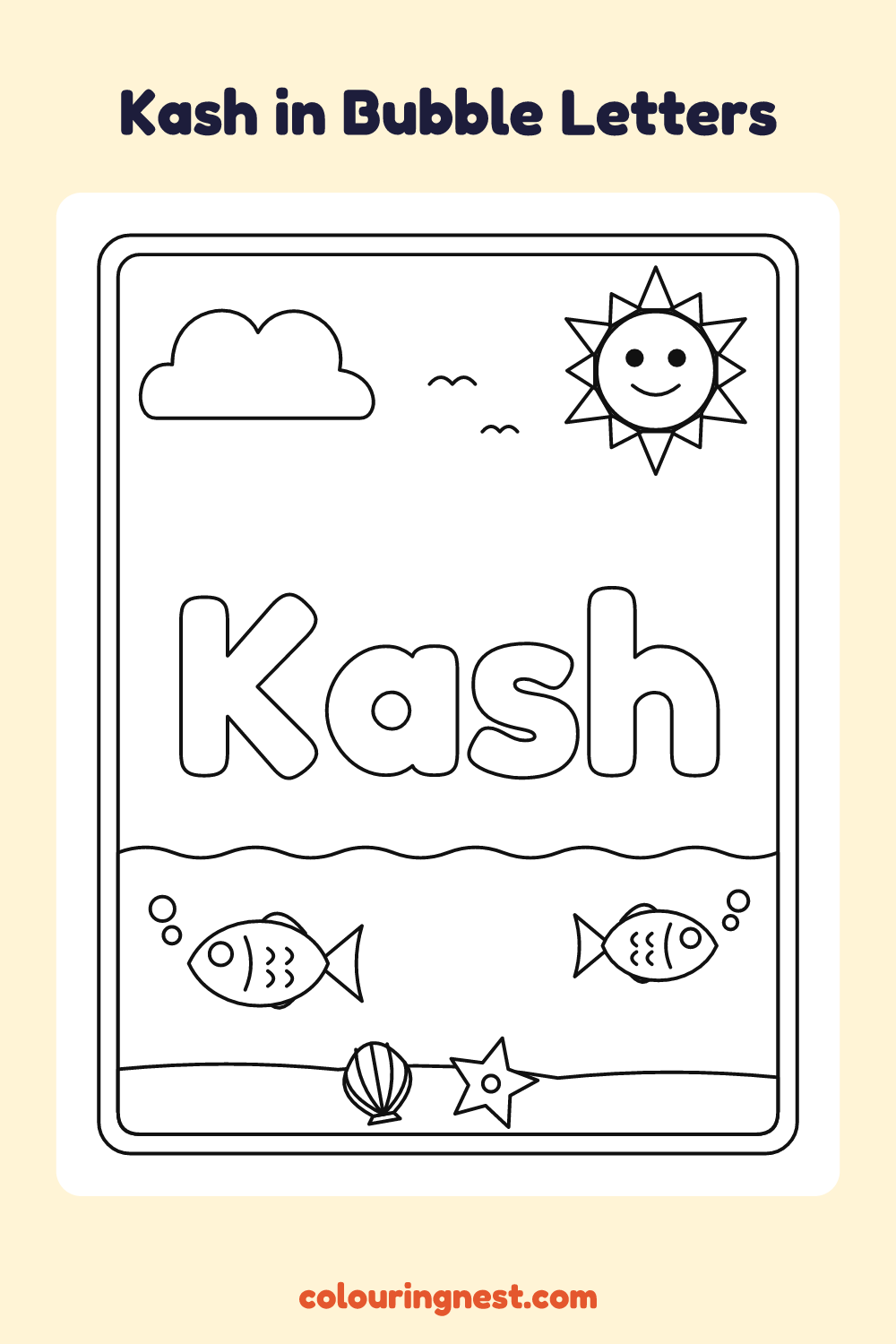 Kash in Bubble Letters coloring page: free printable black-and-white line art