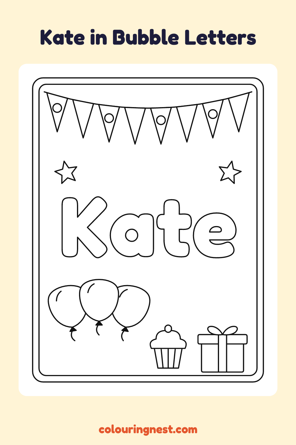 Kate in Bubble Letters coloring page: free printable black-and-white line art