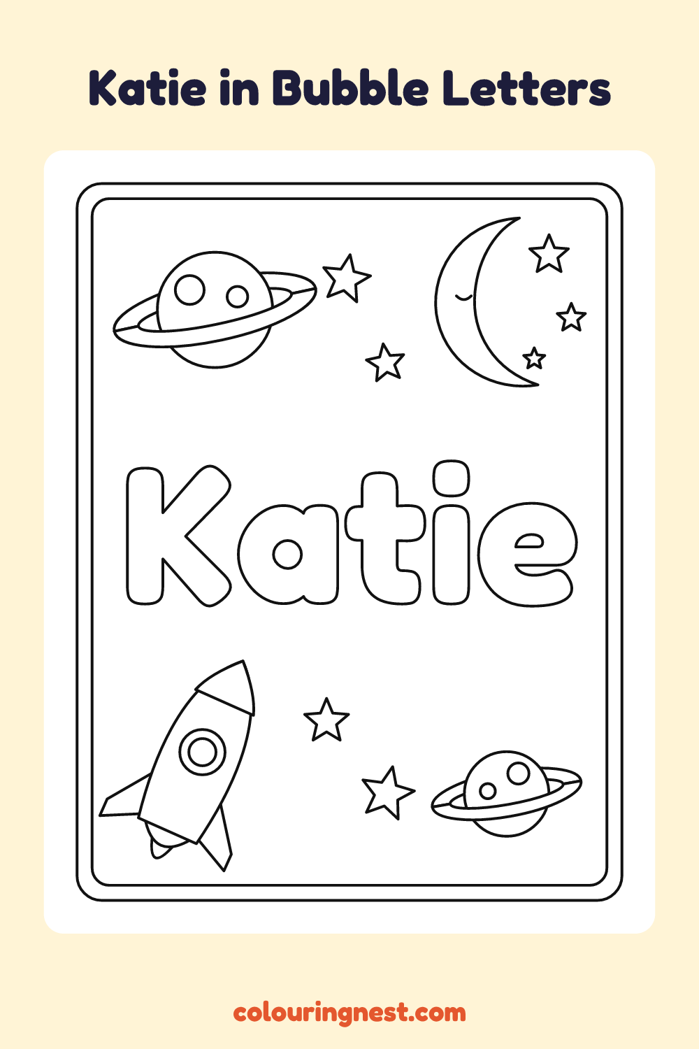 Katie in Bubble Letters coloring page: free printable black-and-white line art