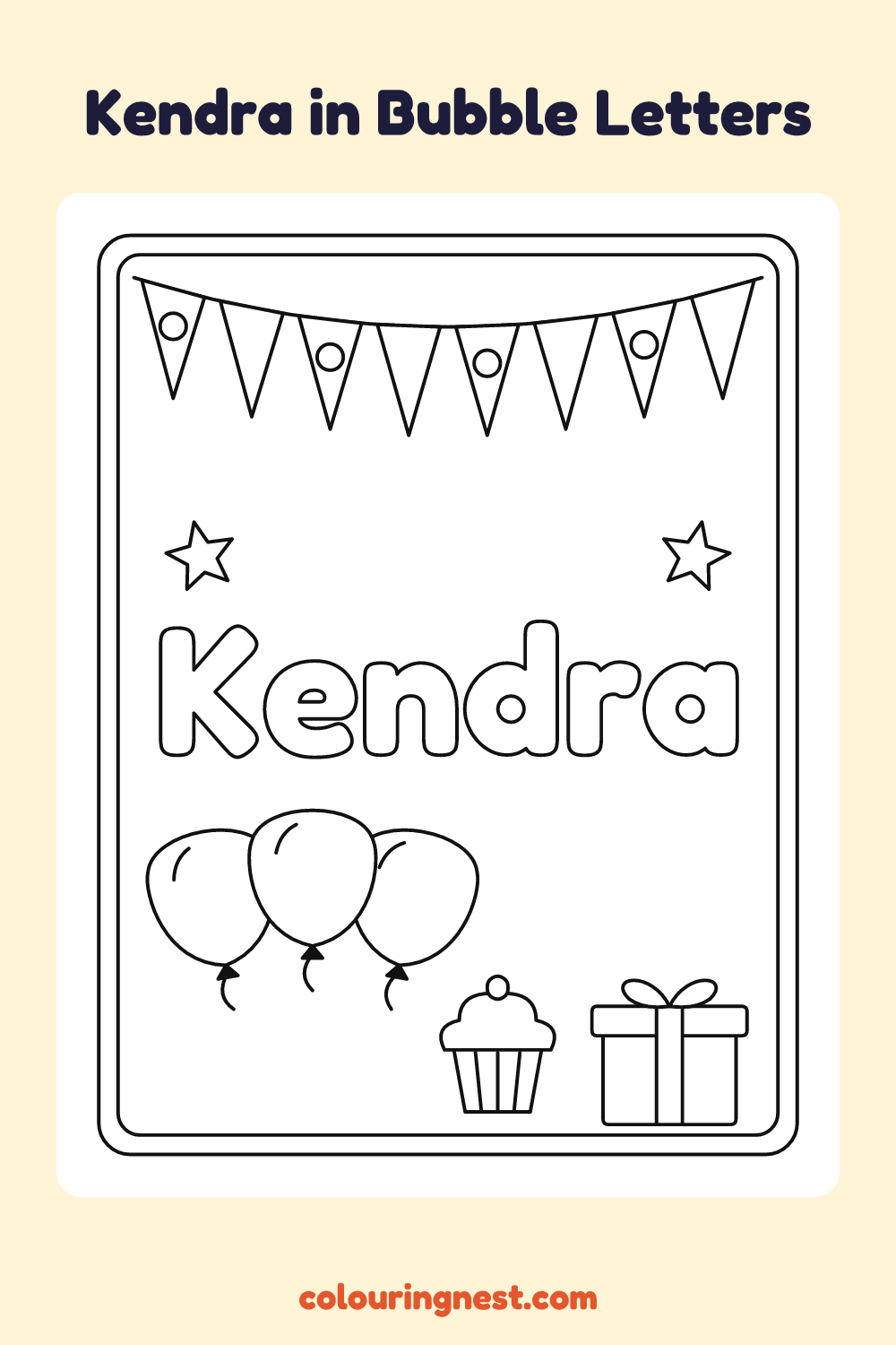 Kendra in Bubble Letters coloring page: free printable black-and-white line art