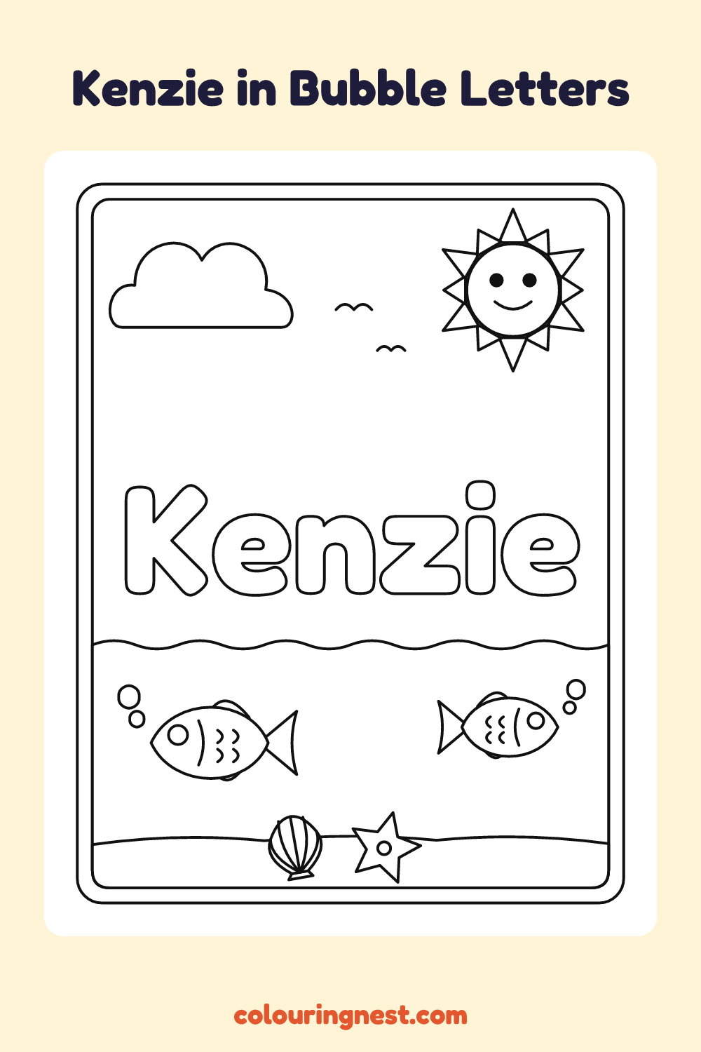 Kenzie in Bubble Letters coloring page: free printable black-and-white line art