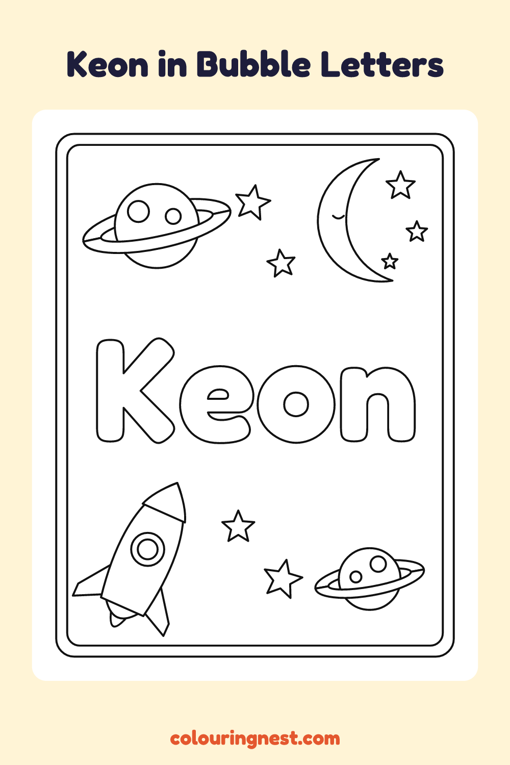 Keon in Bubble Letters coloring page: free printable black-and-white line art