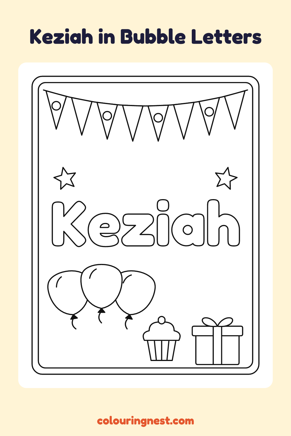 Keziah in Bubble Letters coloring page: free printable black-and-white line art