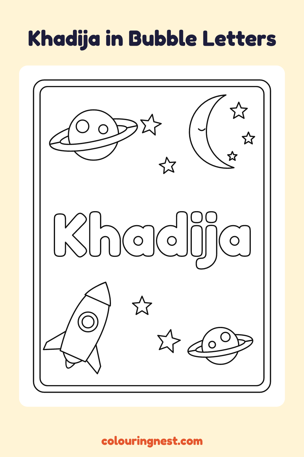 Khadija in Bubble Letters coloring page: free printable black-and-white line art