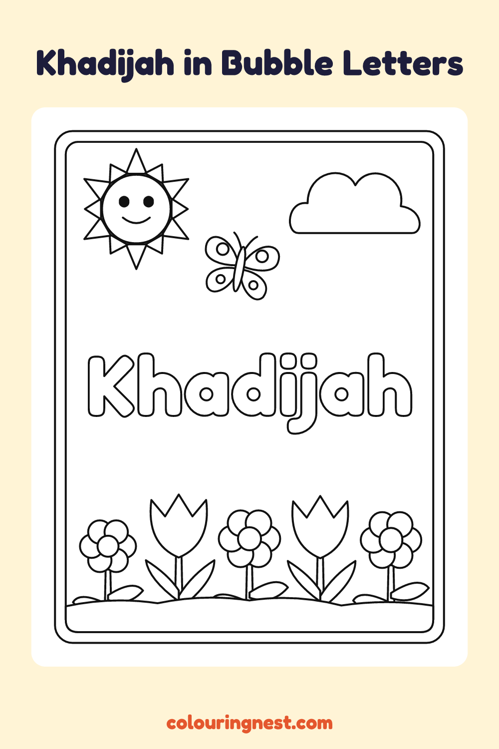 Khadijah in Bubble Letters coloring page: free printable black-and-white line art